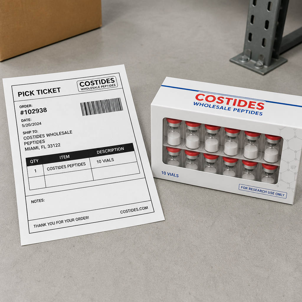 Costides pick ticket beside a sealed 10-vial wholesale pack