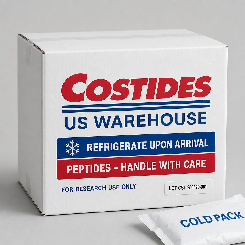 Costides US warehouse shipping box with cold pack and lot label