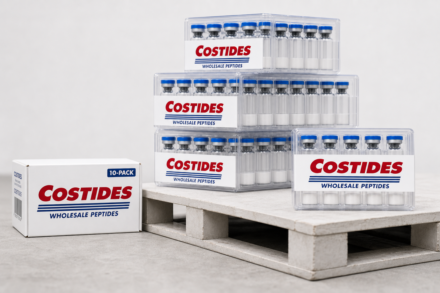 Stacked Costides 10-vial packs ready for wholesale orders