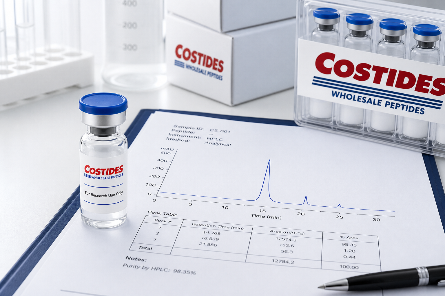 Costides vial with HPLC report on the lab bench